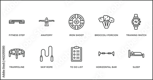 gym and fitness outline icons set. thin line icons such as iron shoot, broccoli porcion, training watch, trampoline, skip rope, to do list, horizontal bar vector.