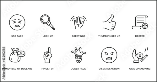 gestures outline icons set. thin line icons such as greetings, thumb finger up, decree, money bag of dollars, finger up, joker face, dissatisfaction vector.