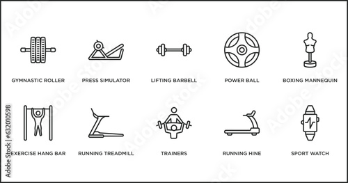 gym and fitness outline icons set. thin line icons such as lifting barbell, power ball, boxing mannequin, exercise hang bar, running treadmill, trainers, running hine vector.