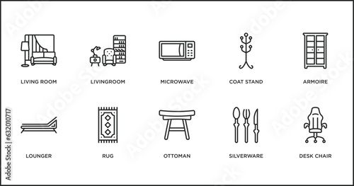 furniture & household outline icons set. thin line icons such as microwave, coat stand, armoire, lounger, rug, ottoman, silverware vector.