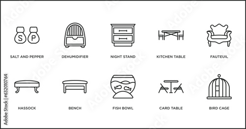 furniture & household outline icons set. thin line icons such as night stand, kitchen table, fauteuil, hassock, bench, fish bowl, card table vector.