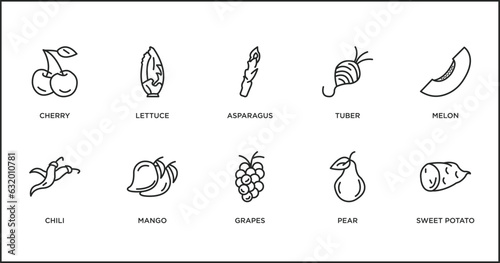 fruits and vegetables outline icons set. thin line icons such as asparagus, tuber, melon, chili, mango, grapes, pear vector.
