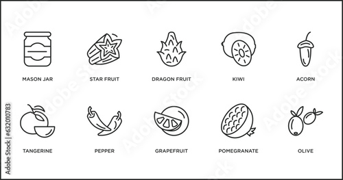 fruits and vegetables outline icons set. thin line icons such as dragon fruit, kiwi, acorn, tangerine, pepper, grapefruit, pomegranate vector.
