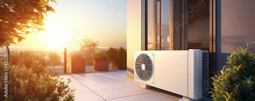 Air Source Heat Pump in Modern Residential Backyard, Sustainable Clean Energy, Golden Hour, Generative AI photo