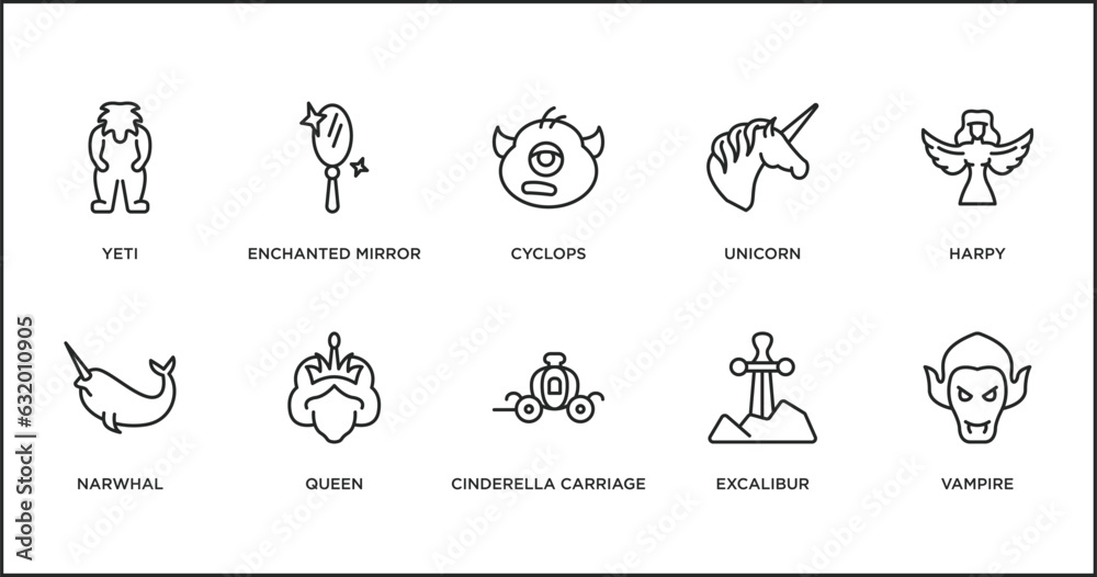 fairy tale outline icons set. thin line icons such as cyclops, unicorn, harpy, narwhal, queen, cinderella carriage, excalibur vector.