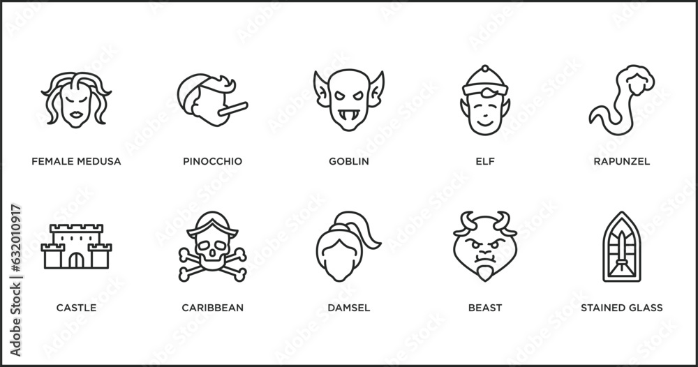 fairy tale outline icons set. thin line icons such as goblin, elf, rapunzel, castle, caribbean, damsel, beast vector.
