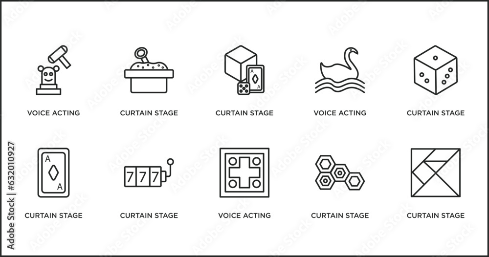 arcade outline icons set. thin line icons such as curtain stage, voice acting, curtain stage, curtain stage, voice acting, vector.