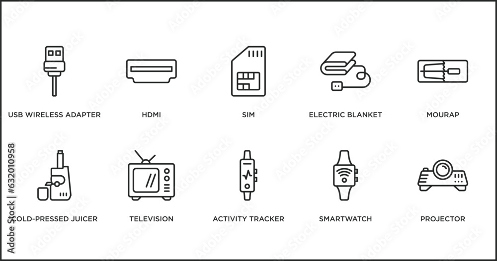 Fototapeta premium electronic devices outline icons set. thin line icons such as sim, electric blanket, mourap, cold-pressed juicer, television, activity tracker, smartwatch vector.