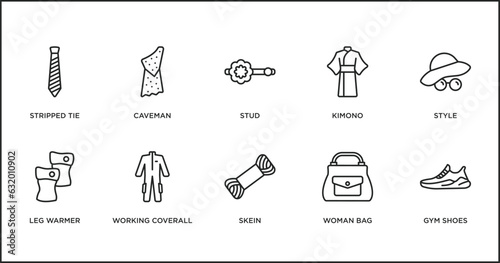 fashion outline icons set. thin line icons such as stud, kimono, style, leg warmer, working coverall, skein, woman bag vector.