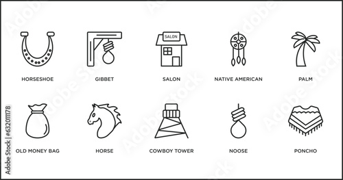 desert outline icons set. thin line icons such as salon, native american, palm, old money bag, horse, cowboy tower, noose vector.