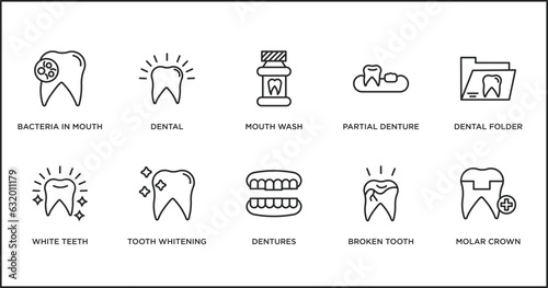 dentist outline icons set. thin line icons such as mouth wash, partial denture, dental folder, white teeth, tooth whitening, dentures, broken tooth vector.