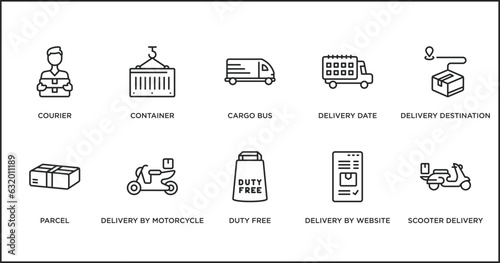delivery and logistic outline icons set. thin line icons such as cargo bus, delivery date, delivery destination, parcel, by motorcycle, duty free, by website vector.