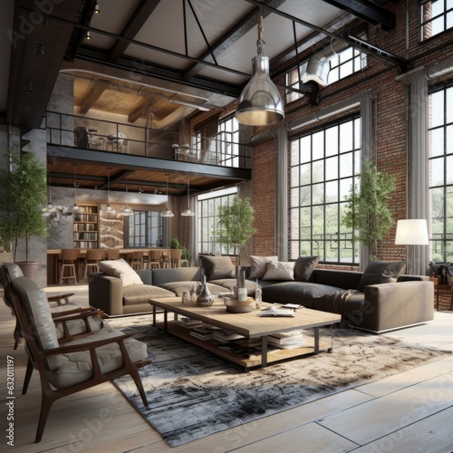 home interior design concept loft interior decorative style living room with double space daylight big window and rustic texture industrial material finish home beautiful ai generate