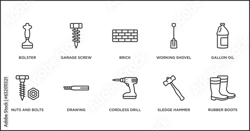construction tools outline icons set. thin line icons such as brick, working shovel, gallon oil, nuts and bolts, drawing, cordless drill, sledge hammer vector.