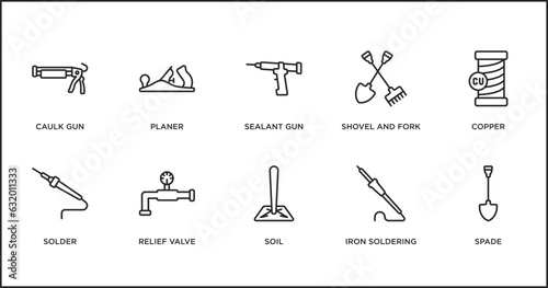 construction and tools outline icons set. thin line icons such as sealant gun, shovel and fork, copper, solder, relief valve, soil, iron soldering vector.