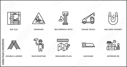 construction outline icons set. thin line icons such as big derrick with boxes, crane truck, inclined magnet, double ladder, man painting, measures plan, hacksaw vector.