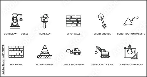 construction outline icons set. thin line icons such as birck wall, short shovel, construction palette, brickwall, road stopper, little snowplow, derrick with ball vector.