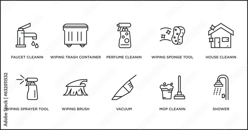 Fototapeta premium cleaning outline icons set. thin line icons such as perfume cleanin, wiping sponge tool, house cleanin, wiping sprayer tool, wiping brush, vacuum, mop cleanin vector.
