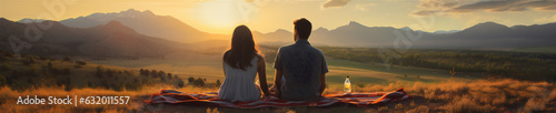 A Young Couple Having a Picnic  Looking Out at Mountains and Meadows  Generative AI