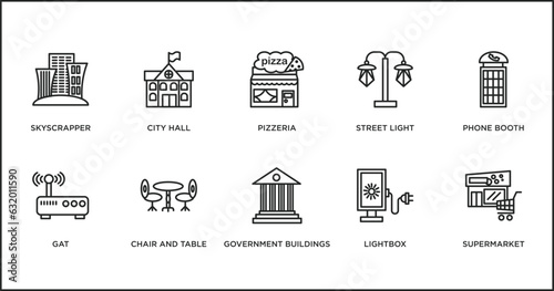 city elements outline icons set. thin line icons such as pizzeria, street light, phone booth, gat, chair and table, government buildings, lightbox vector.