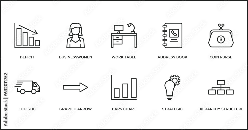 business outline icons set. thin line icons such as work table, address book, coin purse, logistic, graphic arrow, bars chart, strategic vector. business outline icons set. thin line icons such as work table, address book, coin purse, logistic, graphic arrow, bars chart, strategic vector.