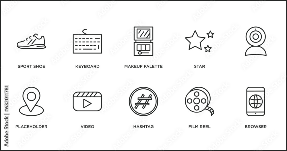blogger and influencer outline icons set. thin line icons such as makeup palette, star, , placeholder, video, hashtag, film reel vector.