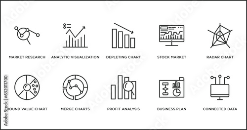 business and analytics outline icons set. thin line icons such as depleting chart, stock market, radar chart, round value chart, merge charts, profit analysis, business plan vector.