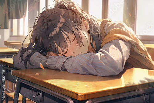 Cute schoolgirl sleeping on her desk in the classroom