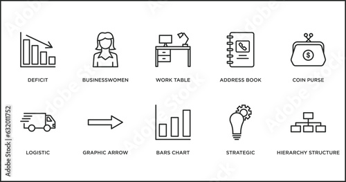 business outline icons set. thin line icons such as work table, address book, coin purse, logistic, graphic arrow, bars chart, strategic vector.