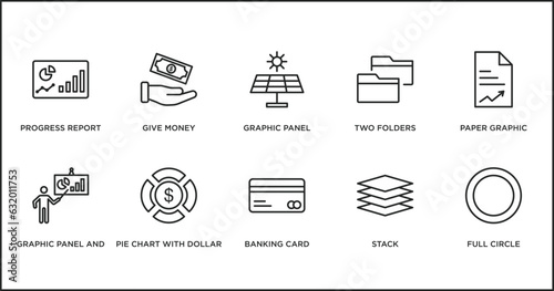 business outline icons set. thin line icons such as graphic panel, two folders, paper graphic, graphic panel and man, pie chart with dollar, banking card, stack vector.