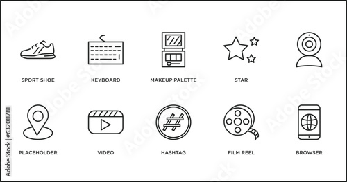 blogger and influencer outline icons set. thin line icons such as makeup palette, star, , placeholder, video, hashtag, film reel vector.
