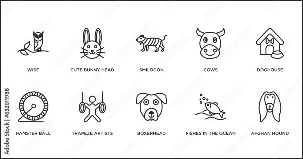 animals outline icons set. thin line icons such as smilodon, cows, doghouse, hamster ball, trapeze artists, boxerhead, fishes in the ocean vector.