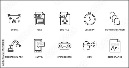 artificial intelligence outline icons set. thin line icons such as log file, velocity, depth perception, mechanical arm, survey, stereoscope, view vector.