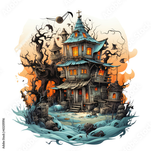 A Halloween haunted house t-shirt design in a whimsical ghost town, with the haunted house as the abandoned centerpiece, Generative Ai © Creative Artist