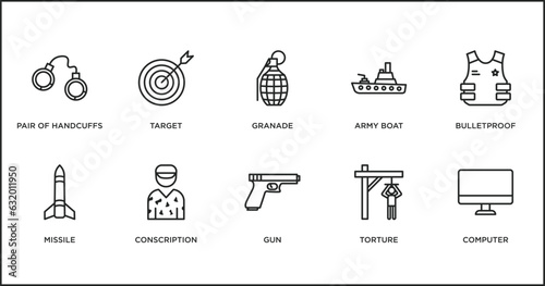 army and war outline icons set. thin line icons such as granade, army boat, bulletproof, missile, conscription, gun, torture vector.