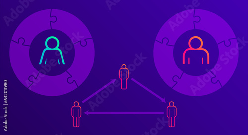 Puzzle pie diagrams. Modern people infographics. Flat vector illustration isolated on violet background.