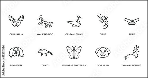 animals outline icons set. thin line icons such as origami swan  grub  trap  pekingese  coati  japanese butterfly  dog head vector.