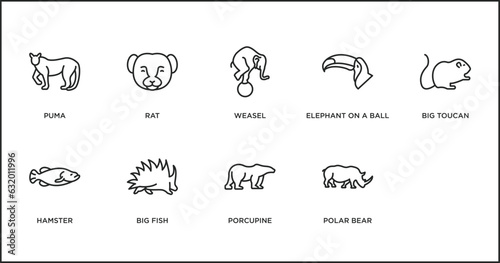 animals outline icons set. thin line icons such as weasel  elephant on a ball  big toucan  hamster  big fish  porcupine  polar bear vector.