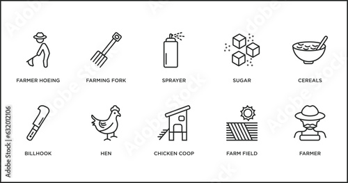 agriculture farming outline icons set. thin line icons such as sprayer, sugar, cereals, billhook, hen, chicken coop, farm field vector.