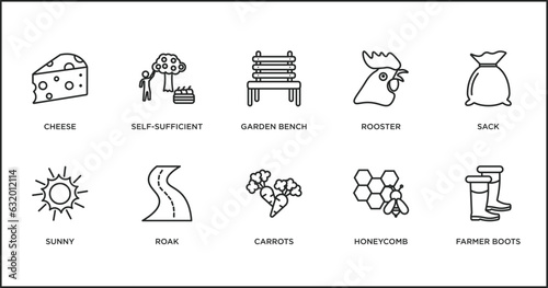 agriculture farming outline icons set. thin line icons such as garden bench, rooster, sack, sunny, roak, carrots, honeycomb vector.