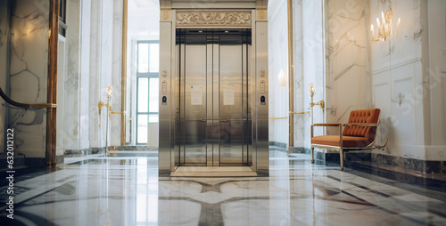 a real photo of a luxury hotel elevator on a white