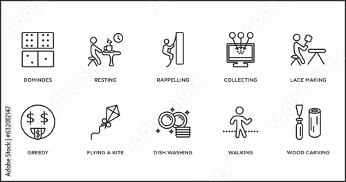 activity and hobbies outline icons set. thin line icons such as rappelling, collecting, lace making, greedy, flying a kite, dish washing, walking vector.