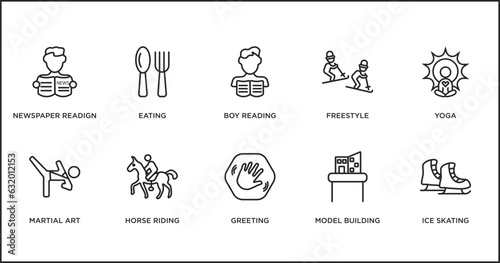 activity and hobbies outline icons set. thin line icons such as boy reading, freestyle, yoga, martial art, horse riding, greeting, model building vector.