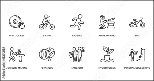 activity and hobbies outline icons set. thin line icons such as jogging, knife making, bmx, jewelry making, petanque, hang out, hydroponics vector.