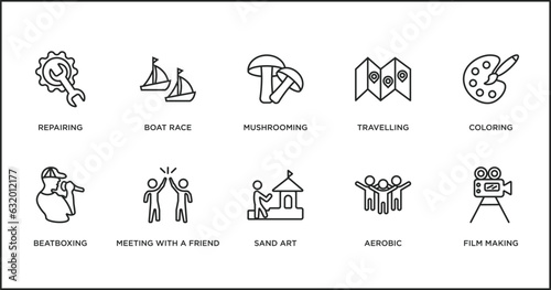 activity and hobbies outline icons set. thin line icons such as mushrooming, travelling, coloring, beatboxing, meeting with a friend, sand art, aerobic vector.