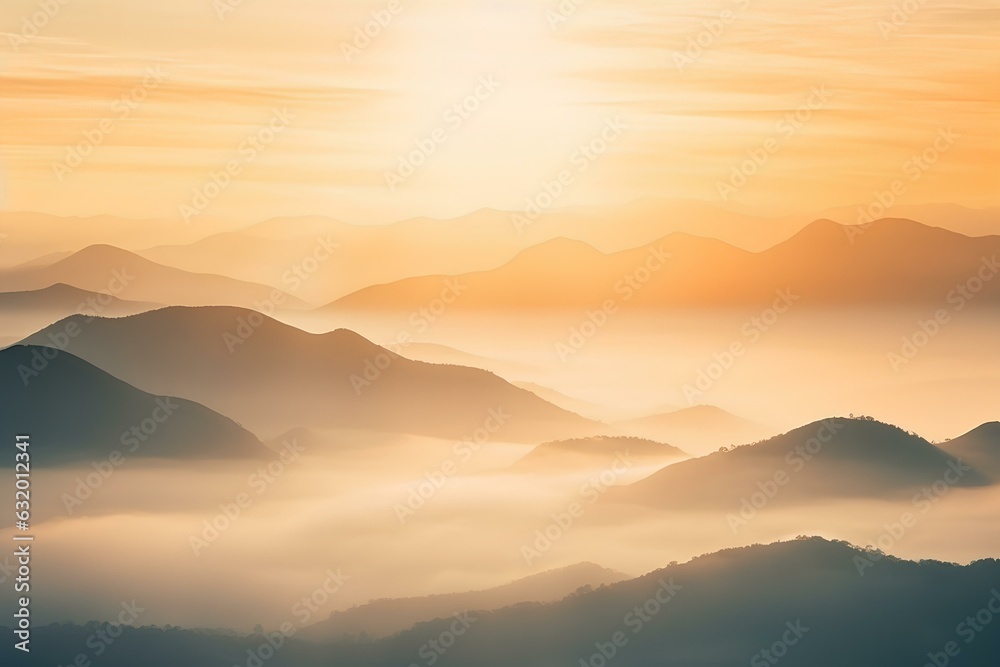Natural fog and mountains sunlight background blurring, misty waves warm colors and bright sun light. sky sunny color orange light patterns, abstract flare evening on clouds blur. generative AI Natural fog and mountains sunlight background blurring, misty waves warm colors and bright sun light. sky sunny color orange light patterns, abstract flare evening on clouds blur. generative AI