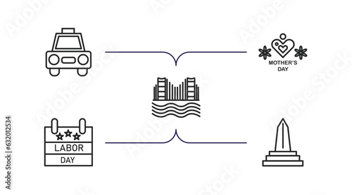 united states of america outline icons set. thin line icons such as cab, mother's day, golden state, labor day, obelisk vector.
