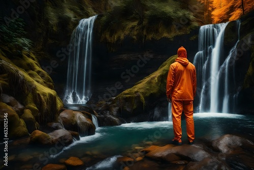 A orange man looking at waterfall in the forest generated by AI tool