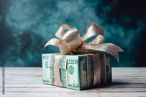 Gift box covered in US money with golden ribbon on blue background