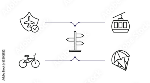 travel outline icons set. thin line icons such as travel insurance, cable car, , bike, parasailing vector.